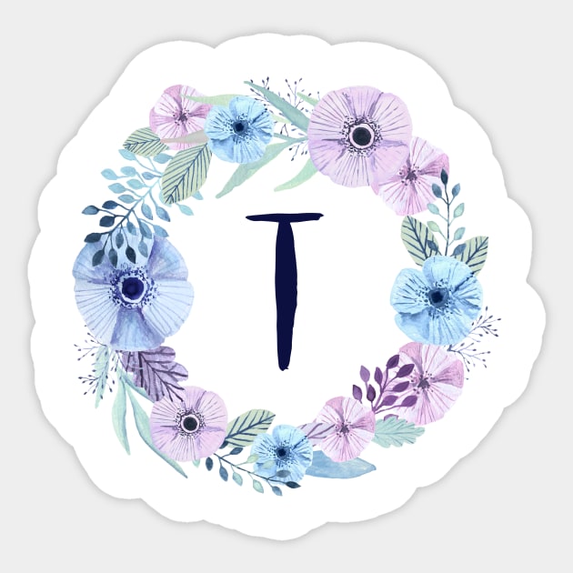 Floral Monogram T Icy Winter Blossoms Sticker by floralmonogram